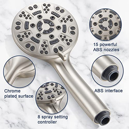 Cobbe 8-Setting Handheld Shower Head, Water-Saving Design, Brushed Nickel | Trickle Pause Mode, 5ft Stainless Steel Hose, Brass Swivel Bracket, Tool-Free Installation - color: Brushed Nickel
