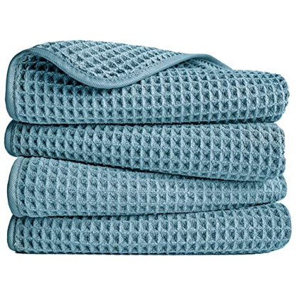 POLYTE 430 GSM Poly Blend Microfiber Quick Dry Waffle Hand Towel, 16x30 in | 4 Pack, Oversize, Lint Free, Quick Dry, Hanging Loop - color: Green
