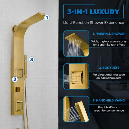 ANZZI Aura Series 39" Shower Panel Tower System | Full Body 2-Jetted Shower Tower, Head Panel with Heavy Rain Overhead, Euro-Grip Wall Mount Handheld Wand, DIY Friendly – Brushed Gold