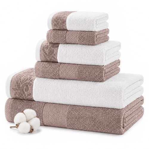 Modern Threads 600 GSM 6-Piece Towel Set with Filgree Jacquard Border Rose - color: Rose, style: Jacquard Border