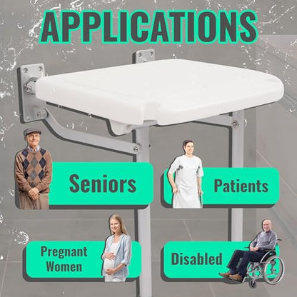 KUAFU Folding Shower Seat, Wall Mounted Bathroom Bathtub Safety Stool, | 18.31"x16.34"x3.54" Foldable Shower Chair W/Support Legs for Inside Shower, Seniors, Elderly and Disabled White 400LBS