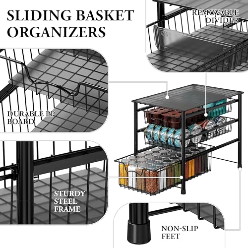 Simple Houseware Stackable 3 Tier Sliding Basket Organizer Drawer, Black - color: Black, size: 3-tier