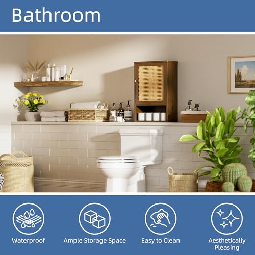 HITNET Bathroom Cabinet Wall Mounted, Medicine Cabinet with Single Rattan Door, Bamboo Hanging Storage Organizer Over Toilet, Space Saving, Walnut - color: Walnut