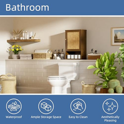 HITNET Bathroom Cabinet Wall Mounted, Medicine Cabinet with Single Rattan Door, Bamboo Hanging Storage Organizer Over Toilet, Space Saving, Walnut - color: Walnut