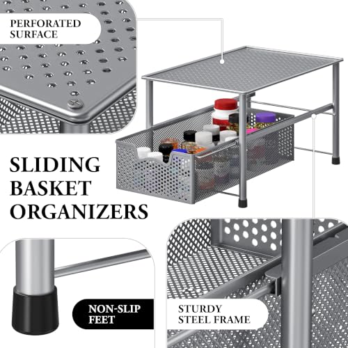 Simple Houseware Stackable Under Sink Sliding Basket Drawer, Silver | Perforated Free Standing Organizer, Kitchen/Pantry/Cabinet/Counter - color: Silver