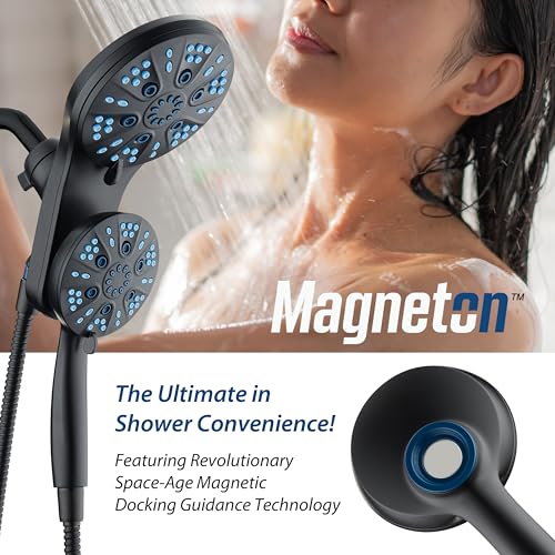 AquaCare Magneton 48-Mode High Pressure Rain & Handheld Shower Head Combo | Space-age Magnetic Guidance Docking, Dual 6-mode Heads with Hygienic Jets, Extra-long 6 ft. Stainless Steel Hose / Black - color: Matte Black