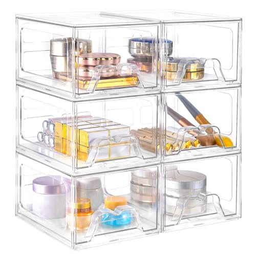 6 Pack Stackable Storage Drawers,Makeup Organizer with Pull-out Drawer | 4.4'' Tall, Acrylic Clear Plastic Storage Bins for Vanity,Pantry,Desk,Undersink,Kitchen,Bathroom - style: 6pack Small