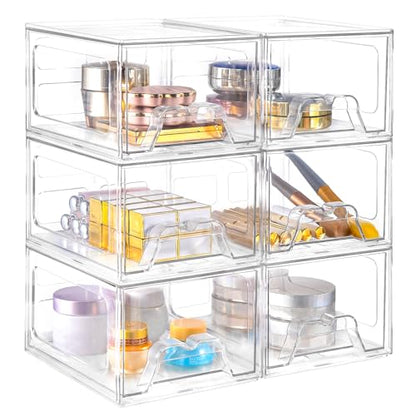 6 Pack Stackable Storage Drawers,Makeup Organizer with Pull-out Drawer | 4.4'' Tall, Acrylic Clear Plastic Storage Bins for Vanity,Pantry,Desk,Undersink,Kitchen,Bathroom - style: 6pack Small