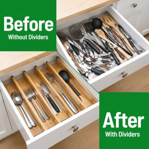 6 Pack Bamboo Drawer Dividers, Dresser Separators 16.6" to 21.8" | Adjustable Expandable Drawer Organizer, Bamboo Kitchen Drawer Divider for Clothing Socks Office Desk Bathroom Storage