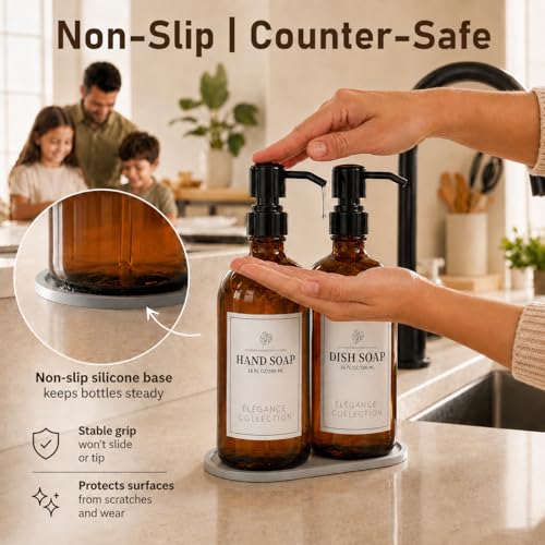 Fachixy Amber Glass Soap Dispenser 2 Pack, 16 Fl Oz, 14 Waterproof Labels | Leak-Resistant Stainless Steel Pump, Non-Slip Pad, Hand & Dish Soap Dispenser Bottles Set for Kitchen and Bathroom - color: Brown