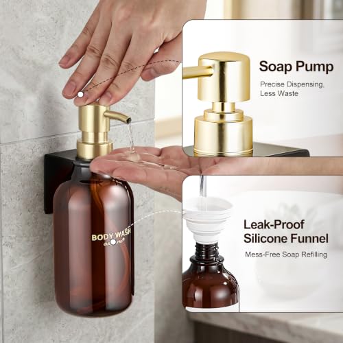 Amber Shampoo and Conditioner Dispenser Set of 3 | Gold Pumps, 16.9 oz Refillable Bottles, No-Drill Wall Mount, For Bathrooms, Hotels and Airbnbs - color: Dark Amber + Gold Pump