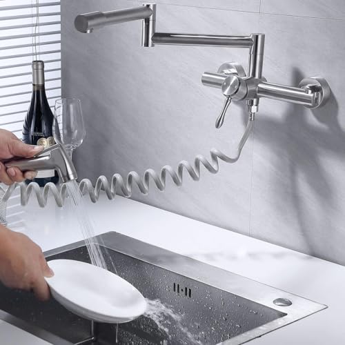 Wall Mount Kitchen Faucet, Folding Commercial Tap with Side Sprayer | 304 Stainless Steel Constructed, Brushed Nickle, Rotatable, 8"" Center - color: Style C, Faucet with Stand