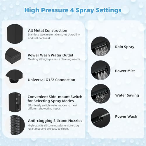 Hibbent All Metal CUPC Certified 10'' Rainfall Shower Head, Dual Shower Head Combo, High Pressure Handheld 4 Sprays Shower Wand, 16'' Adjustable Extension Arm, 71'' Hose, Shower Holder, Matte Black - color: Matte Black, style: Square 10''