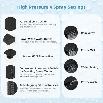 Hibbent All Metal CUPC Certified 10'' Rainfall Shower Head, Dual Shower Head Combo, High Pressure Handheld 4 Sprays Shower Wand, 16'' Adjustable Extension Arm, 71'' Hose, Shower Holder, Matte Black - color: Matte Black, style: Square 10''