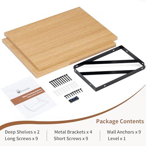 Deep Floating Shelves, 12 Inch Deep Rustic Oak Floating Wall Shelves Set of 2, 16W x 12D Large Floating Shelves Living Room Cleanning Room Laundry Room Garage - Oak with Black Brackets - color: Oak, size: 16W x 12D