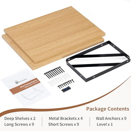 Deep Floating Shelves, 12 Inch Deep Rustic Oak Floating Wall Shelves Set of 2, 16W x 12D Large Floating Shelves Living Room Cleanning Room Laundry Room Garage - Oak with Black Brackets - color: Oak, size: 16W x 12D
