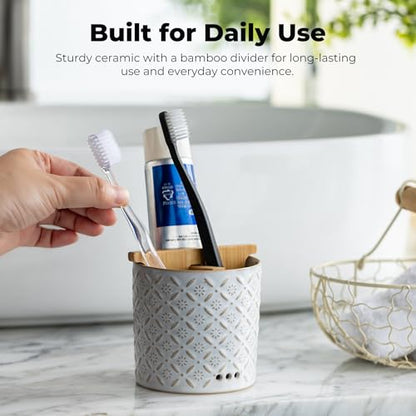 Zoeeker Toothbrush Holders, Ceramic Electric Toothbrush & Toothpaste Holder | Detachable 3 Slots Tooth Brush Cup with Drain Holes & Bamboo Divider, Makeup Brush Storage Holder for Bathroom, Family, Kids - color: White