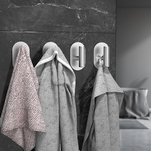 Aikzik Silver Adhesive Hooks Heavy Duty-Max 26lb, Wall Hooks for Shower, Bathroom, Towel, Coat, Robe, Stainless Steel Hooks for Hanging, Sticky Hooks for Walls No Damage- 4 Pack - color: Silver
