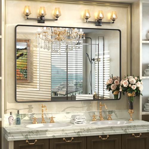 OKPAL 48X32 Inch Matte Black Frame Bathroom Mirror, Large Bathroom Vanity Mirror, Rectangle Mirror for Bathroom, Round Corner, Rustproof, Shatterproof (Horizontal/Vertical) - color: Matte Black, size: 48"L x 32"W