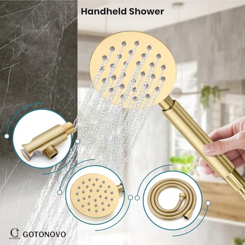 gotonovo High Pressure Shower System Valve and Trim Kit,Brushed Gold | Round Rain 10 Inch Shower Head with Handheld Faucet Set Complete,Rough In Valve,2-in-1 Diverter,All Metal,Bathroom Wall Mount - color: Gold