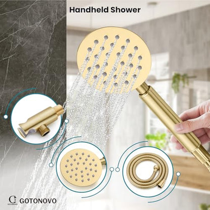 gotonovo High Pressure Shower System Valve and Trim Kit,Brushed Gold | Round Rain 10 Inch Shower Head with Handheld Faucet Set Complete,Rough In Valve,2-in-1 Diverter,All Metal,Bathroom Wall Mount - color: Gold