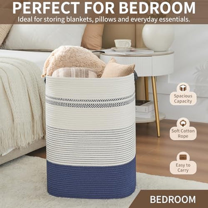 AINUOQI Large Laundry Basket - Tall Woven Rope Laundry Hamper with Leather Handles - Dirty Clothes hamper for Living room, Bedroom, 17" X 13.8" X 22", Dark Blue & White - color: Dark Blue & White, size: 85L