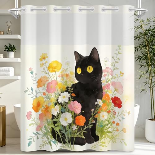Floral No Hook Shower Curtain and Liner Set, Double-Layer Waterproof Cat Shower Curtain with Mesh Top Window and Weighted Bottom, Machine Washable Farmhouse Shower Curtains for Bathroom, 71"W x 74"L - color: Cat in Flowers