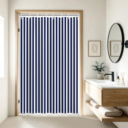 AOFOTO Navy Blue and White Stripe Shower Curtain Farmhouse Style Striped Line Bathroom Curtains Waterproof Fabric Machine Washable with 8 Hooks Modern Fashion Simple Bathroom Curtain 48x72 Inch - color: Navy Blue, size: 48"W x 72"L (Pack of 1)