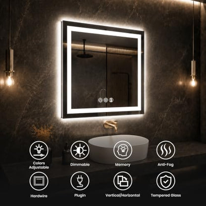 ROOMTEC 30x30 Inches LED Bathroom Mirror with Lights, Vanity Mirror with Front and Backlight, Smart Dimmable Anti-Fog LED Mirror for Bathroom, Memory Function, Tempered Glass (Horizontal/Vertical) | Anti-Fog, Dimmable, Memory Function, Bathroom Vanity Mir