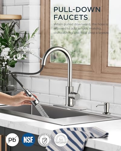 FORIOUS Kitchen Faucet with Soap Dispenser, Pull Down Sprayer, Chrome | High Arc Single Handle, Lead-Free Stainless Steel, 3 mode Sprayer, Classic Bar Sink Faucet for Outdoor Rv Laundry Camper - color: Chrome, style: Classic