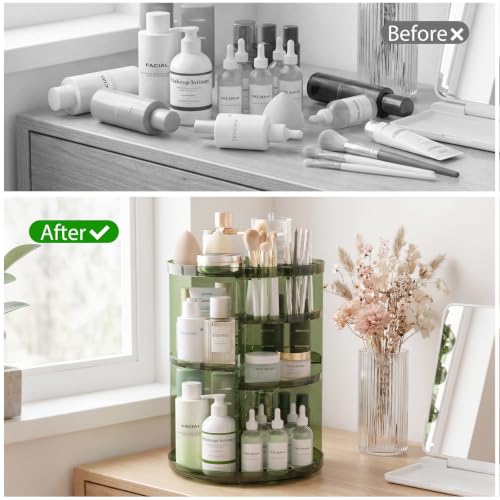 Rotating Makeup Organizer with DIY 8 Adjustable Layers, Clear Green | Spinning Skincare Storage, Cosmetic Display Case with Brush Holder and Perfume Tray - color: Clear Green
