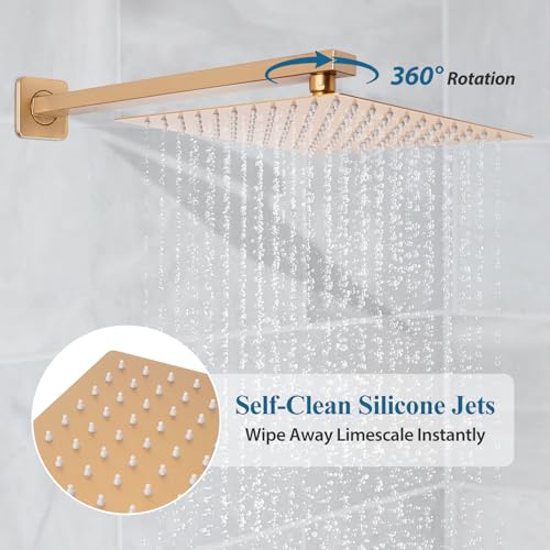 Brushed Gold Square Rainfall Shower Head Set with Handheld, 10" | Wall Mounted Bathroom Shower Faucet, 10 Inch Square Head, With Shower Valve, Rustproof Brushed Gold, High Pressure Raindrop - color: Brushed Gold, style: 2 Setting-10in