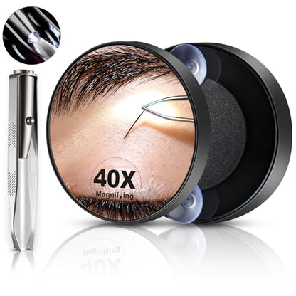 LED Lighted Tweezers & 40X Magnifying Mirror with Suction Cup Set | Portable 2 in 1 Hands-Free Makeup Mirror with Light and Precision Light Up Tweezers, Premium Quality & Ideal Gift Choice