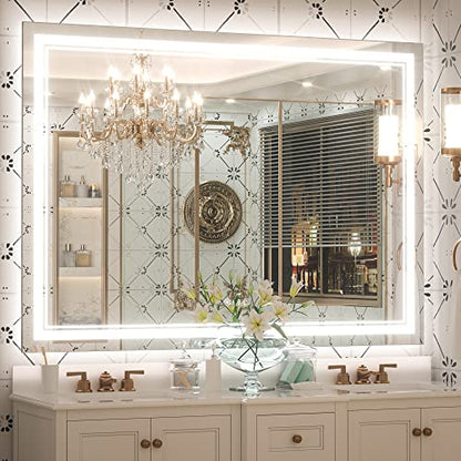 Keonjinn 48 x 36 Inch LED Bathroom Mirror with Lights, Frontlit and Backlit | HD Tempered Glass, Separately Frontlit/Backlit, Double Light Strips, Stepless 3 Colors Temperature & Dimmable, Fast Defogging - size: 36"L x 48"W