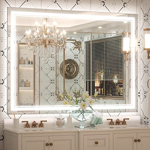 Keonjinn 48 x 36 Inch LED Bathroom Mirror with Lights, Frontlit and Backlit | HD Tempered Glass, Separately Frontlit/Backlit, Double Light Strips, Stepless 3 Colors Temperature & Dimmable, Fast Defogging - size: 36"L x 48"W