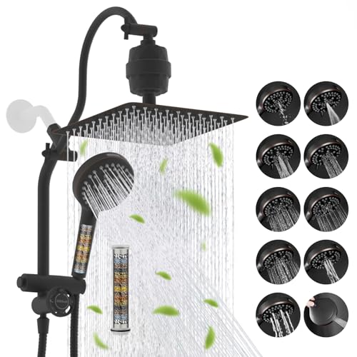 Hibbent 10" Dual Filtered 10" Rainfall Shower Head with Handheld 10-Spray | High Pressure Metal Oil-Rubbed Bronze Showerhead Combo with Filter, Extension Arm with 4-way Diverter, 71'' Hose & Holder - color: Oil Rubbed Bronze, style: Square 10" with filter