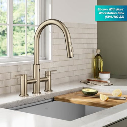 KRAUS Oletto Touchless Sensor Bridge Kitchen Faucet with Pull-Down Sprayhead in Spot-Free Stainless Steel, KSF-3122SFS - color: Spot Free Stainless Steel, style: Bridge Touchless Faucet