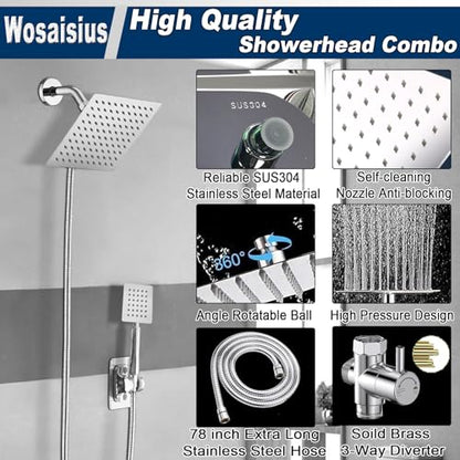 High Pressure 6'' Rainfall Shower Head with Handheld Combo, Wosaisius All Metal Waterfall Showerhead, Dual Shower Head with 78" Shower Hose, 3-Way Diverter, Adhesive Shower Holder, Chrome - color: Square#Chrome