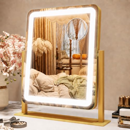 ROLOVE Vanity Mirror with Lights, 12.6"×15" LED Makeup Mirror, Lighted Makeup Mirror with Lights, Smart Touch Control Dimmable 3 Modes Light, Lighted Up Mirror for Makeup Desk, Gold - color: Gold, size: 13"L x 15"W