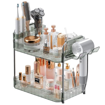 Bathroom Counter Organizer, 2 Tier Makeup Skincare Storage Tray with Hair Dryer Holder and Toothbrush Rack, Perfume Organizer Vanity Shelf for Countertop, Dresser (Transparency Green)