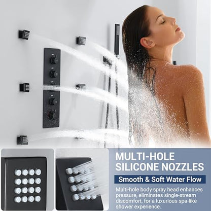 Luxury Thermostatic Rain & Waterfall Shower System with 22” Rain Shower Head & 6 Body Jets, Wall Mounted Shower Faucet Sets with Handheld Sprayer, 3/4” Inlet Thermostatic Valve - color: Matte Black
