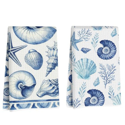 Coastal Beach Waffle Kitchen Towel Soft Absorbent Hand Tea Towels Set of 2 - color: Multi 1572