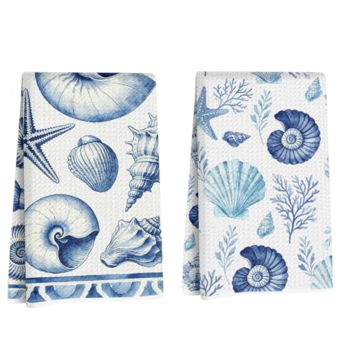 Coastal Beach Waffle Kitchen Towel Soft Absorbent Hand Tea Towels Set of 2 - color: Multi 1572
