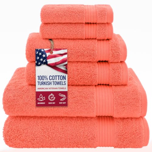 American Veteran Towel, 100% Cotton Turkish 6 Piece Towel Set, Luxury Towels Set of 6 for Bathroom Essentials, 2 Bath Towels 2 Hand Towels 2 Washcloths, Coral - color: Coral, size: XL 6PC