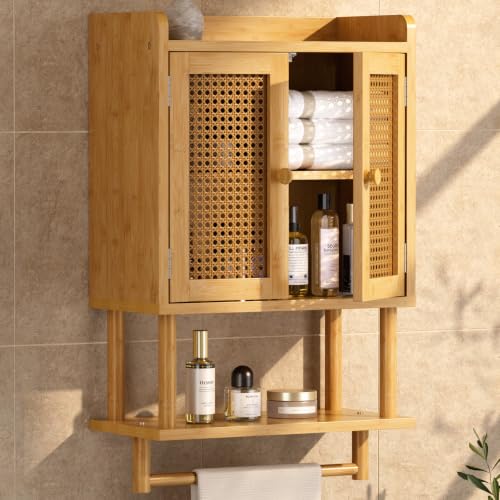 AmazerBath Bathroom Wall Cabinets, Bamboo Medicine Cabinet with Rattan Door, Over The Toilet Storage Cabinet with Towel Bar, Wall Mounted Cabinet with Adjustable Shelves for Small Spaces - color: Natural With Rattan Weaving Door, size: 16.5" W x 26.6" H