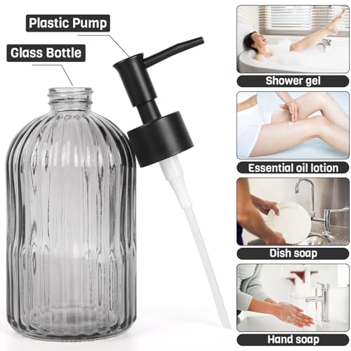 2 Pack 11oz Glass Soap Dispenser with Plastic Pump, Vertical Stripe Design Refillable Hand Soap Dispenser for Hand Wash, Bathroom and Kitchen - color: Transparent Black