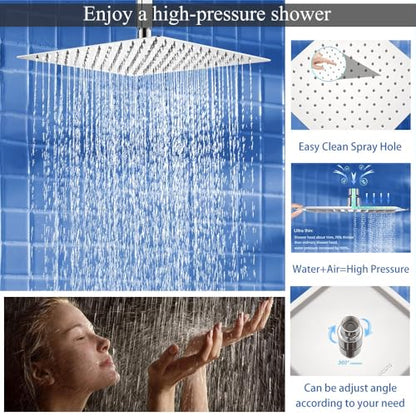 12 Inch Polished Chrome Ceiling Mount Shower System Bathroom Luxury Rain Mixer Shower Combo Set Ceiling Rainfall Shower Head System Faucet Contain Rough-in Valve and Trim Included - color: Polished Chrome, size: 12 Inch