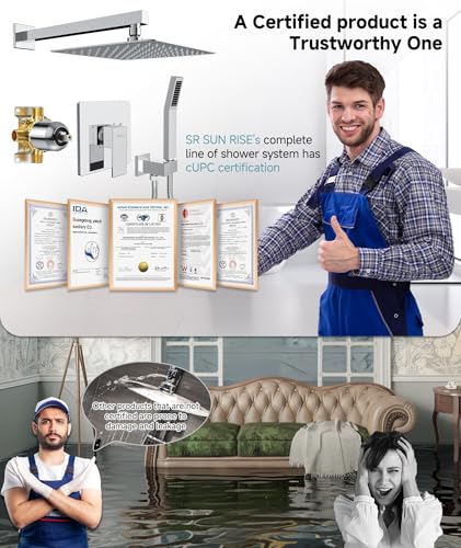 SR SUN RISE Shower Faucet Set & System - 10 Inch Rainfall Shower Head & Handle Set Wall Mounted Polished Chrome Solid Brass Valve Trim Kit Included - color: Polished Chrome, size: 10 Inch