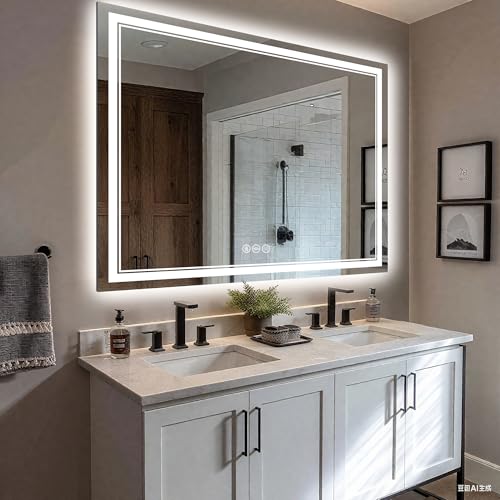 48''x30'' Lighted Mirrors for Bathroom Wall Backlit + Front Lit, Rectangular LED Bathroom Mirror Frameless with Lights Anti Fog, Dimmable, 3 Colors,Tempered Glass, Shatter-Proof - color: Color 1, size: 48"L x 30"W