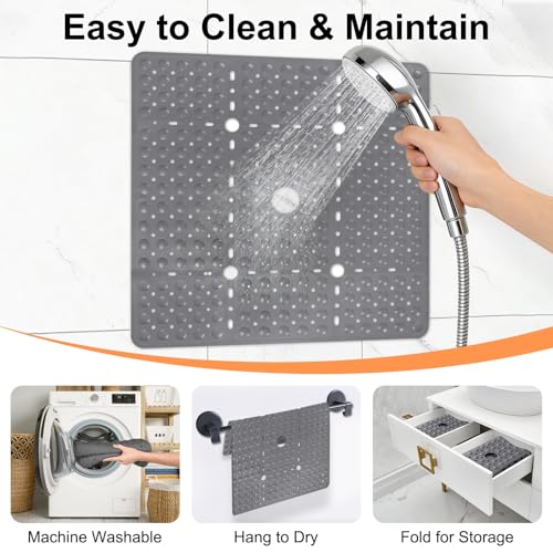Square Shower Mat Non Slip, 27 x 27 Inch Quick Drain TPE Anti Slip Shower Mats for Inside Shower, Soft Shower Floor Mat with Suction Cups, Quick Drying, Machine Washable - color: Grey